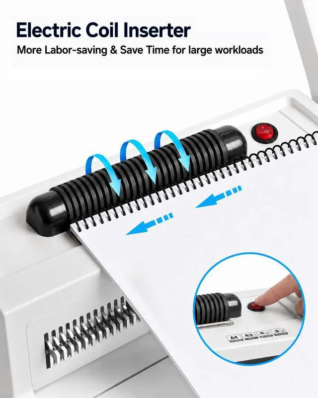 Alt view image 3 of 7 - Spiral Coil Binding Machine with 46 Fully Disengaging Pins - 4:1 Pitch - Electric Coil Inserter - Adjustable Side Margin, Comes with Free 1 Box Coil Spines & Plier, 20 Sheet Punch Capacity