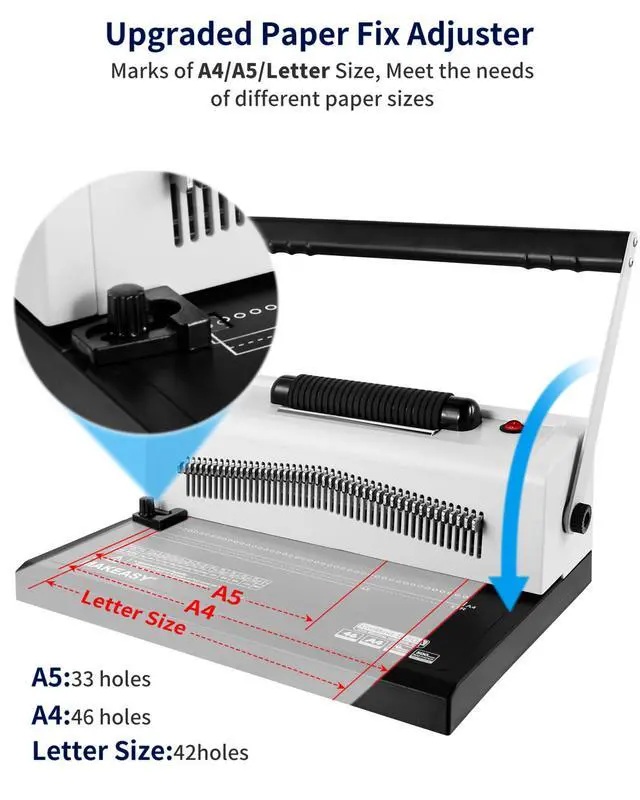 Alt view image 5 of 7 - Spiral Coil Binding Machine with 46 Fully Disengaging Pins - 4:1 Pitch - Electric Coil Inserter - Adjustable Side Margin, Comes with Free 1 Box Coil Spines & Plier, 20 Sheet Punch Capacity