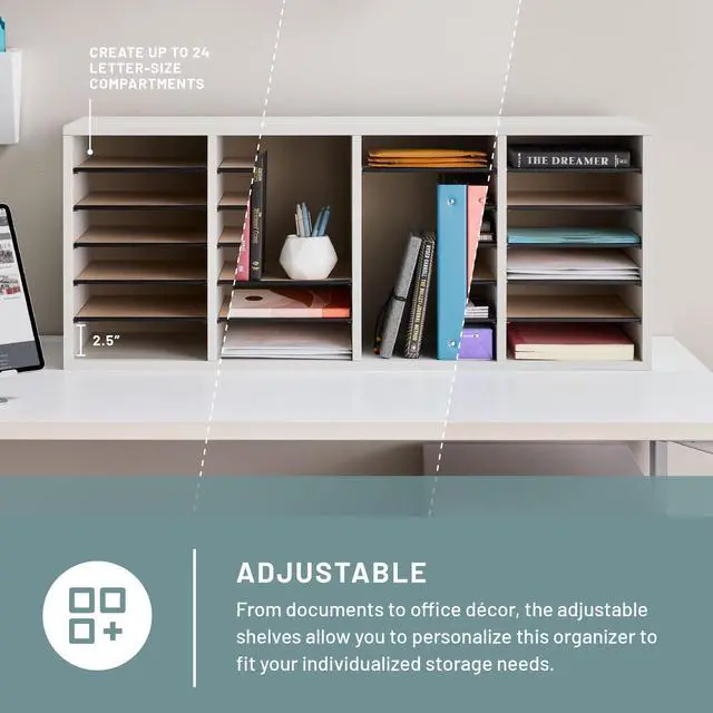 Alt view image 2 of 7 - Literature Organizer, 24 Compartments, Office and Classroom Mailbox with Adjustable Shelves, Wood Paper and Mail Sorter, White