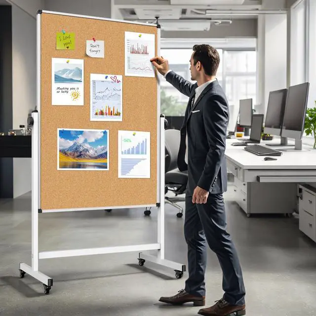Alt view image 7 of 7 - Double-Sided Whiteboard and Corkboard on Wheels, 48 x 32 Inch Magnetic Dry Erase Board with Adjustable Height Stand, Rolling Mobile Board for Office, Classroom, Presentation & Planning (Cork & White)