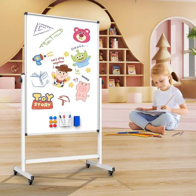 Alt view image 6 of 7 - Double-Sided Whiteboard and Corkboard on Wheels, 48 x 32 Inch Magnetic Dry Erase Board with Adjustable Height Stand, Rolling Mobile Board for Office, Classroom, Presentation & Planning (Cork & White)
