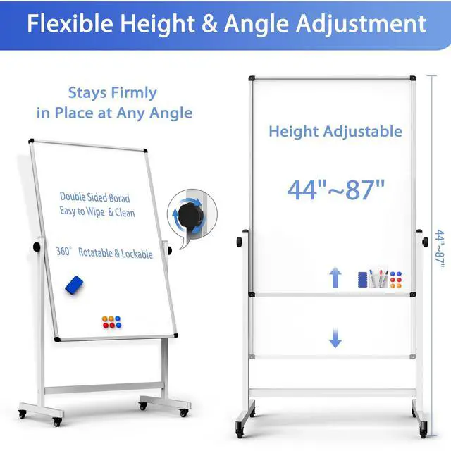 Alt view image 2 of 7 - Rolling Whiteboard on Wheels, Double-Sided Magnetic Dry Erase Board with Stand, Mobile White Board for Office, Classroom, Home (32" x 48")