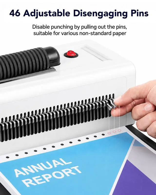 Alt view image 2 of 7 - Spiral Coil Binding Machine with 46 Fully Disengaging Pins - 4:1 Pitch - Electric Coil Inserter - Adjustable Side Margin, Comes with Free 1 Box Coil Spines & Plier, 20 Sheet Punch Capacity
