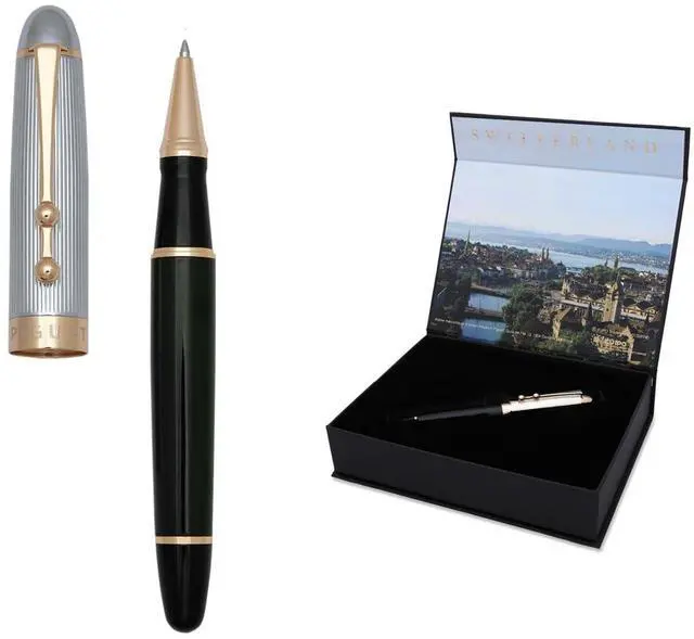 Main image of Piguet Genève Luxury and Ergonomic Fountain & Rollerball Pen Sigma Series Medium Nib, Gold Trim, Blue Ink Gift Boxed with Universal Refill and Converter (Rollerball Pen, Deluxe)