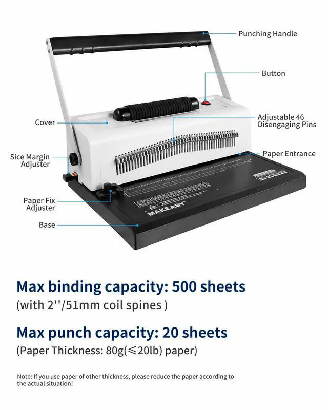Alt view image 6 of 7 - Spiral Coil Binding Machine with 46 Fully Disengaging Pins - 4:1 Pitch - Electric Coil Inserter - Adjustable Side Margin, Comes with Free 1 Box Coil Spines & Plier, 20 Sheet Punch Capacity