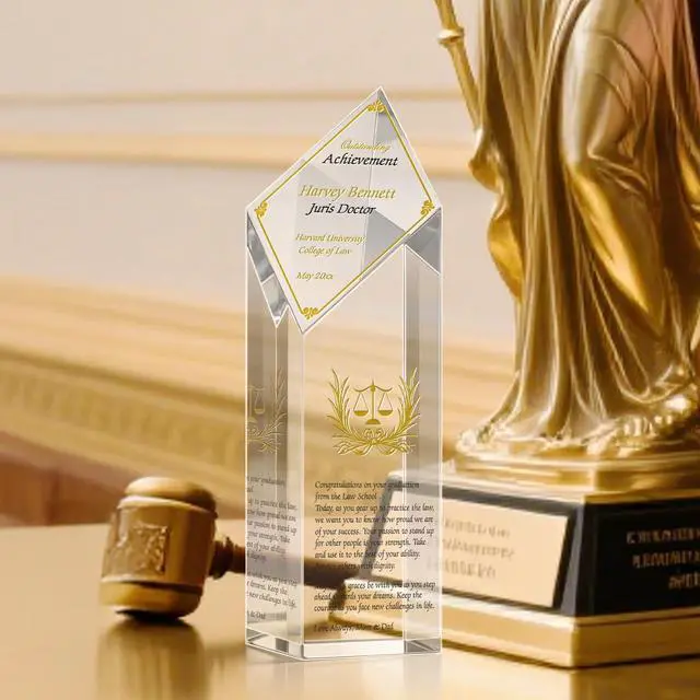 Alt view image 3 of 7 - Personalized Law School Graduation Gift Custom Engraved Crystal Plaque with Scales of Justice Achievement Award for New Lawyers, Attorneys, and Law Graduates (L-9")