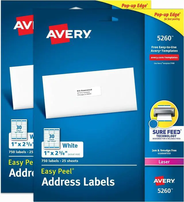 Main image of Address Labels 1 x 2-5/8 inch White | Easy Peel | Sure Feed Technology | For Laser Printers | Permanent Adhesive | 1,500 Labels, Pack of 5