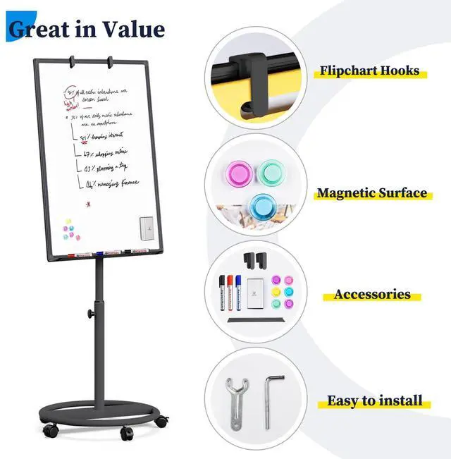 Alt view image 3 of 7 - Mobile Whiteboard 36 x 24 inches Portable Magnetic Dry Erase Board, 3' x 2' Stand Easel White Board Dry Erase Easel Standing Board w/Flipchart Hooks (Black)