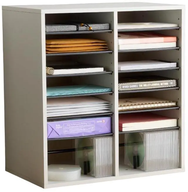Main image of 9422GR Wood Adjustable Literature & Paper Organizer, 16 Adjustable Compratment, Stackable Durable Construction, Home, Office, Mailroom, Classroom Mailbox, Gray
