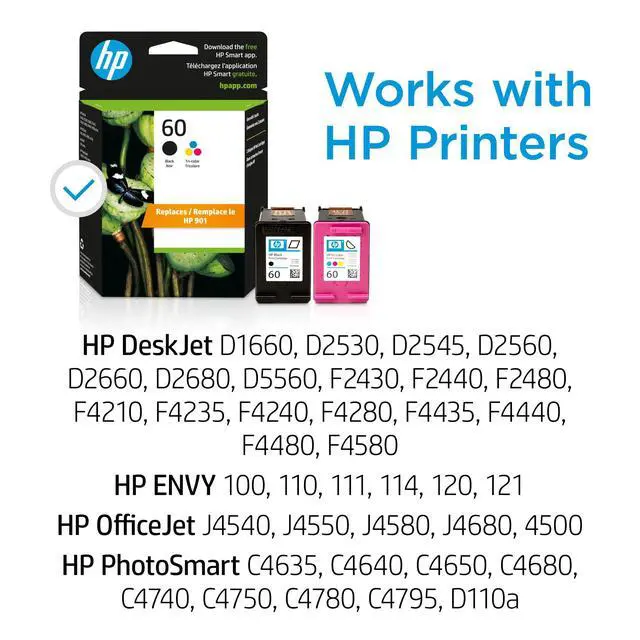 Alt view image 2 of 7 - 60 Black/Tri-Color Ink Cartridges | DeskJet D1660,D2500,D2600,D5560,F2400,F4200,F4400,F4580; Envy 100; OfficeJet J4500,J4680,4500; PhotoSmart C4600,C4700,D110a | N9H63FN,2 Count (Pack of 2)