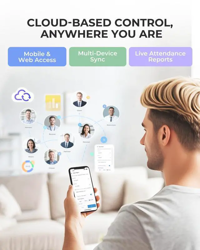Alt view image 2 of 7 - Cloud-Based Time Clock for Small Business, 2.4GHz WiFi Attendance Machine with Remote Access, Free Software & iOS/Android App, Employee Punch Card System with RFID Cards, No Monthly Fee