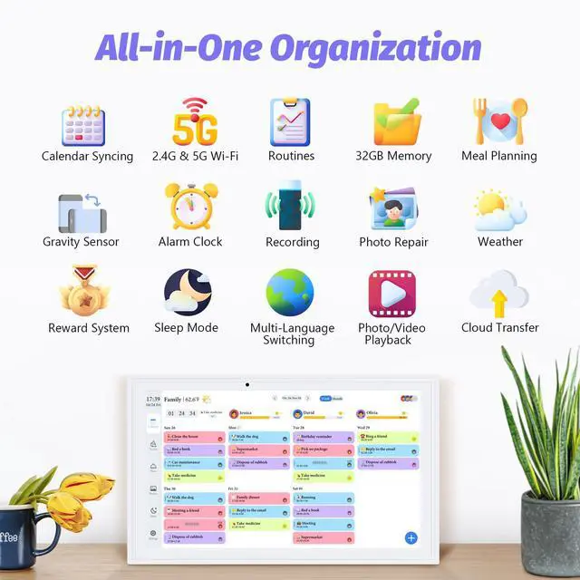 Alt view image 2 of 7 - 15.6 Inch Digital Calendar, Electronic Calendar Chore Chart, Smart Calendars Wall 1920 * 1080 Full HD Interactive IPS Touchscreen for Family Planner,Task (White)