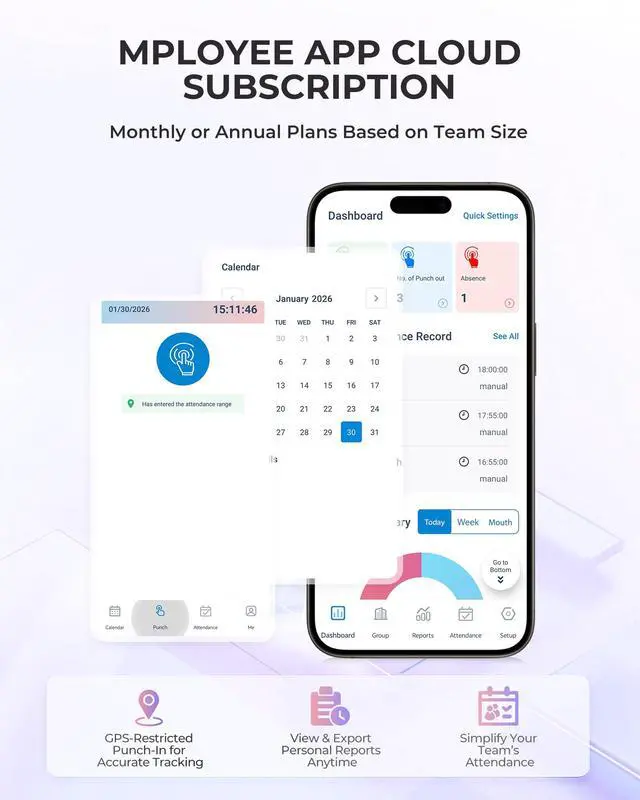 Alt view image 6 of 7 - Cloud-Based Time Clock for Small Business, 2.4GHz WiFi Attendance Machine with Remote Access, Free Software & iOS/Android App, Employee Punch Card System with RFID Cards, No Monthly Fee