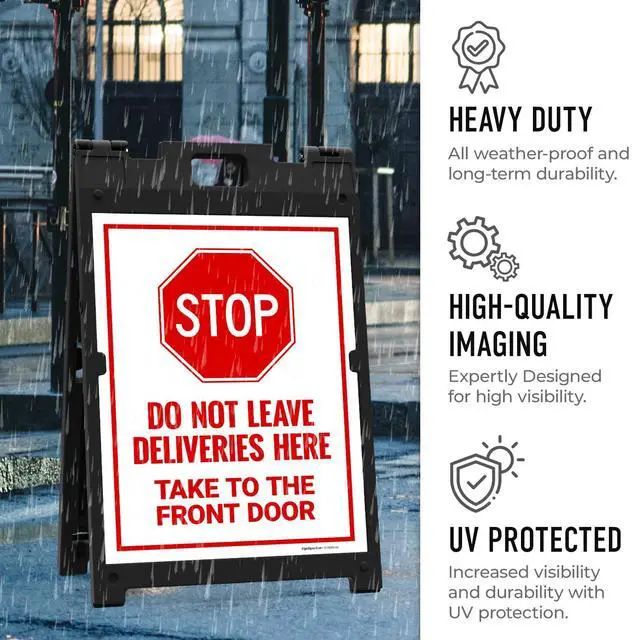 Alt view image 6 of 7 - Stop Do Not Leave Deliveries Here Take to The Front Door Sidewalk Sign Kit, | 18x24 Inches, With A Frame Stand, Made in USA by