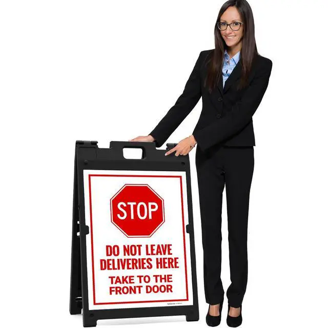 Alt view image 7 of 7 - Stop Do Not Leave Deliveries Here Take to The Front Door Sidewalk Sign Kit, | 18x24 Inches, With A Frame Stand, Made in USA by