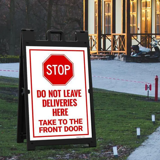 Alt view image 2 of 7 - Stop Do Not Leave Deliveries Here Take to The Front Door Sidewalk Sign Kit, | 24x36 Inches, With A Frame Stand, Made in USA by