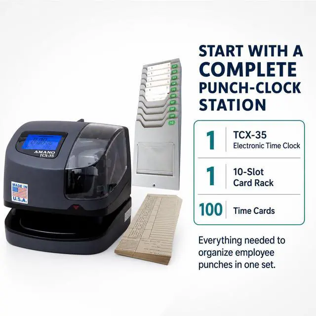 Alt view image 2 of 7 - TCX-35 Time Clock Starter Pack, Includes Card Rack and 100 Time Cards, Electronic Punch Clock for Small Business, Made in USA (Bundle)