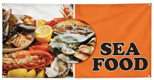 Main image of Vinyl Banner Multiple Sizes Sea Food Outdoor Advertising Printing Restaurant & Food Outdoor Weatherproof Industrial Yard Signs Orange 10 Grommets 60x144Inches