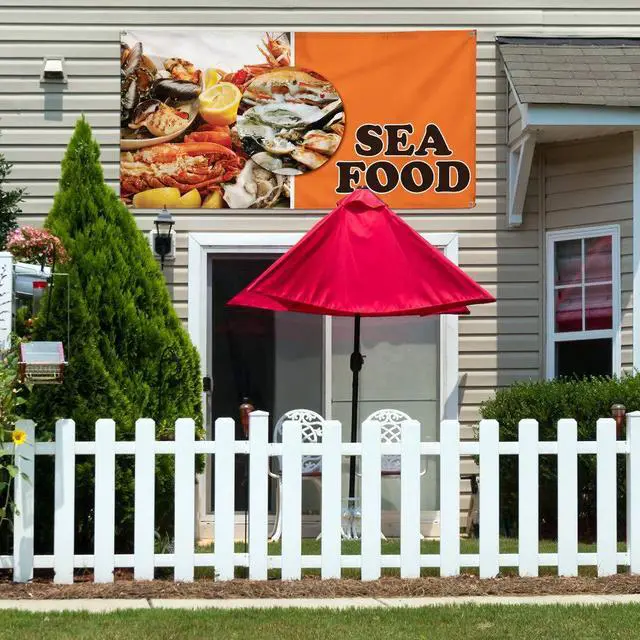 Alt view image 3 of 6 - Vinyl Banner Multiple Sizes Sea Food Outdoor Advertising Printing Restaurant & Food Outdoor Weatherproof Industrial Yard Signs Orange 10 Grommets 60x144Inches