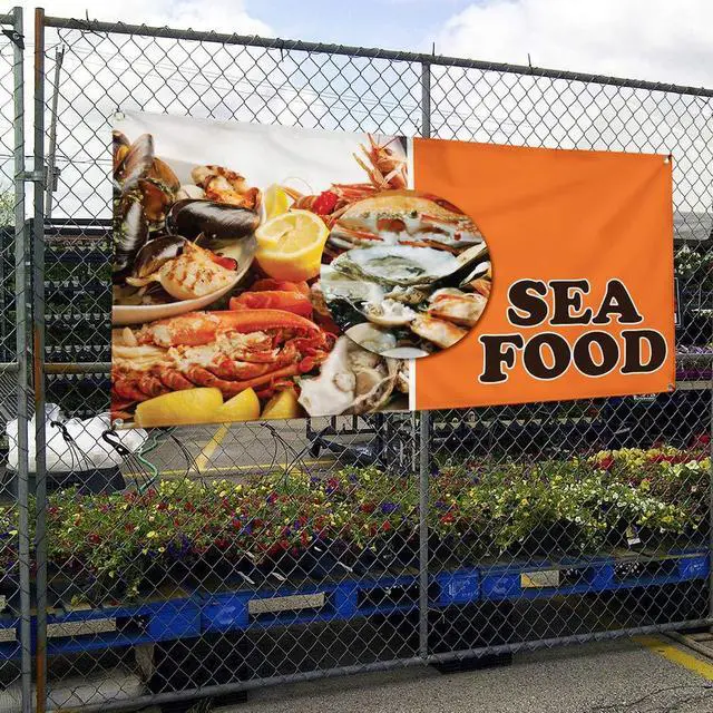 Alt view image 4 of 6 - Vinyl Banner Multiple Sizes Sea Food Outdoor Advertising Printing Restaurant & Food Outdoor Weatherproof Industrial Yard Signs Orange 10 Grommets 60x144Inches