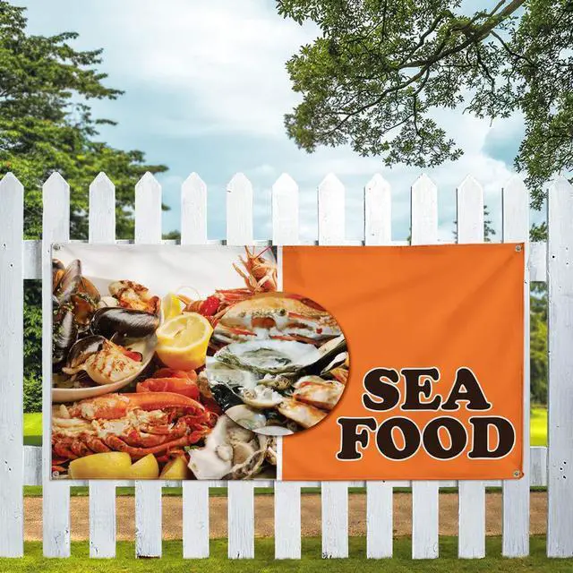 Alt view image 5 of 6 - Vinyl Banner Multiple Sizes Sea Food Outdoor Advertising Printing Restaurant & Food Outdoor Weatherproof Industrial Yard Signs Orange 10 Grommets 60x144Inches