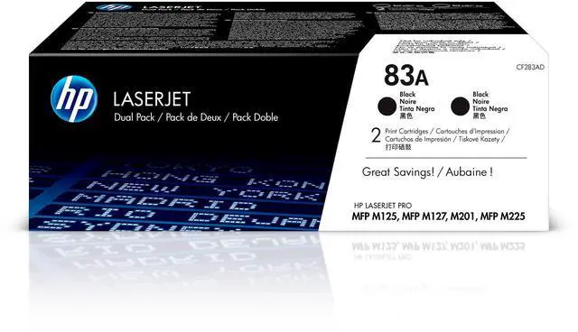 Main image of 83A Black Toner Cartridges (2-Pack) | Works LaserJet Pro M201, LaserJet Pro MFP M125, M127, M225 Series | CF283AD