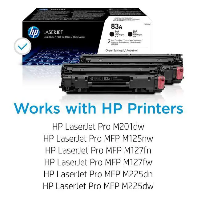 Alt view image 2 of 7 - 83A Black Toner Cartridges (2-Pack) | Works LaserJet Pro M201, LaserJet Pro MFP M125, M127, M225 Series | CF283AD