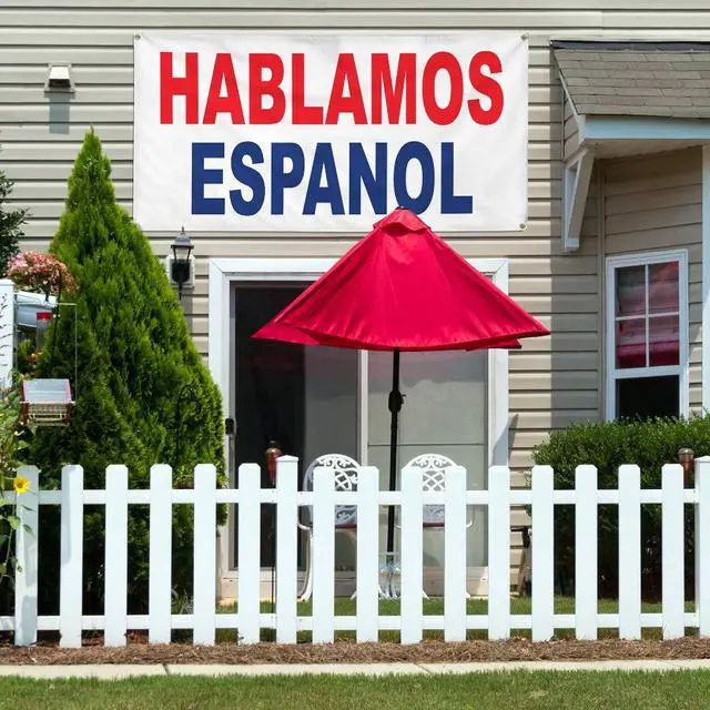 Alt view image 3 of 6 - Vinyl Banner Multiple Sizes Hablamos Espanol Red Blue Foreign Languages Outdoor Weatherproof Industrial Yard Signs 10 Grommets 60x144Inches