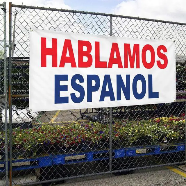 Alt view image 4 of 6 - Vinyl Banner Multiple Sizes Hablamos Espanol Red Blue Foreign Languages Outdoor Weatherproof Industrial Yard Signs 10 Grommets 60x144Inches