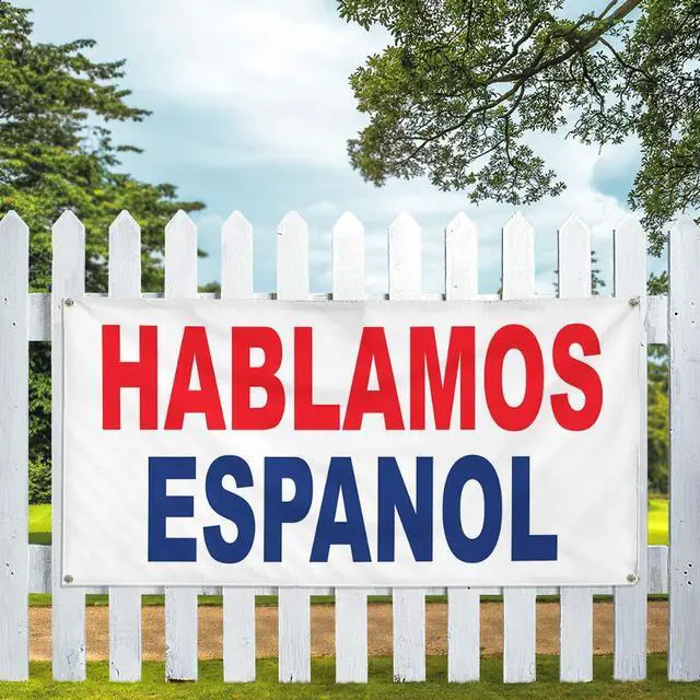 Alt view image 5 of 6 - Vinyl Banner Multiple Sizes Hablamos Espanol Red Blue Foreign Languages Outdoor Weatherproof Industrial Yard Signs 10 Grommets 60x144Inches