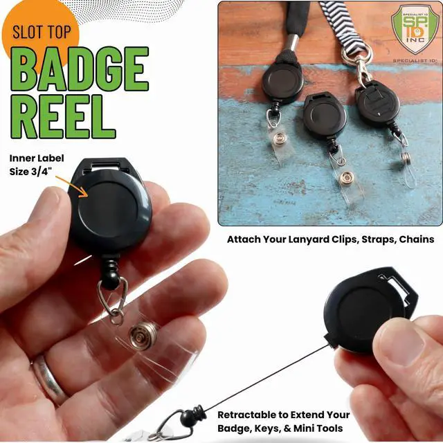 Main image of Bulk 100 Pack - Retractable Badge Reel with Lanyard Attachment Slot -Attach Your Neck Chain, Metal Hook, Key Ring or Strap Clip Through Top Slot for Extendable Badge or Keycard Access by