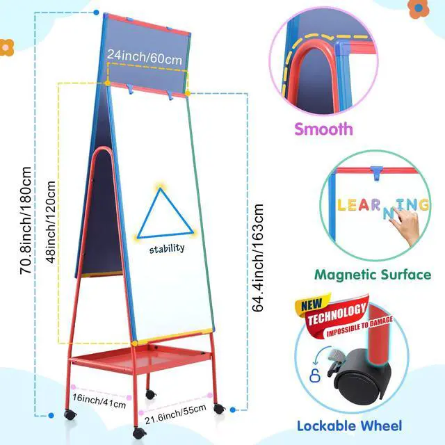 Alt view image 2 of 7 - Mobile Whiteboard on Wheels 48x24 in Rolling Classroom Easel for Teaching | Double Sided, with Storage, Large Mobile Whiteboard with Stand for Teacher, Height Adjustable to 70 inches, for Home School