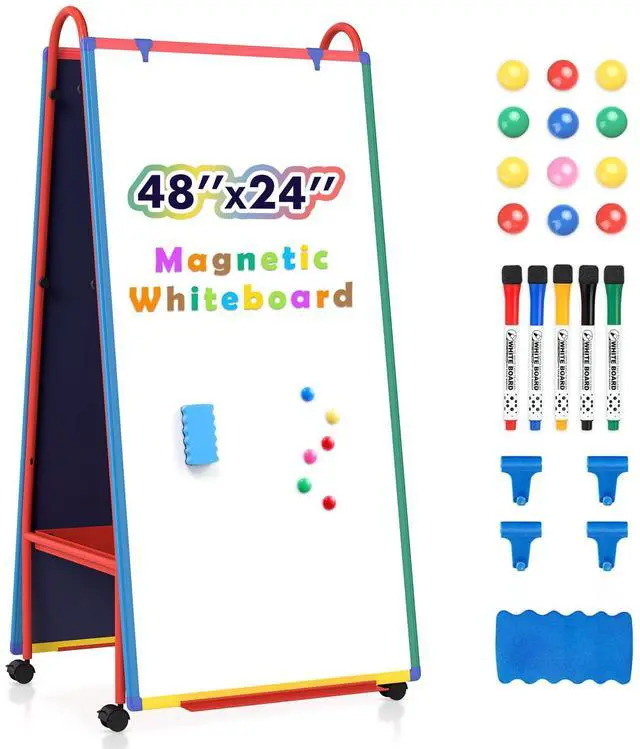 Main image of Mobile Whiteboard on Wheels 48x24 in Rolling Classroom Easel for Teaching | Double Sided, with Storage, Large Mobile Whiteboard with Stand for Teacher, Height Adjustable to 70 inches, for Home School