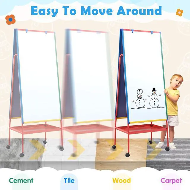 Alt view image 5 of 7 - Mobile Whiteboard on Wheels 48x24 in Rolling Classroom Easel for Teaching | Double Sided, with Storage, Large Mobile Whiteboard with Stand for Teacher, Height Adjustable to 70 inches, for Home School