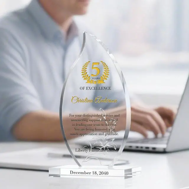 Alt view image 2 of 7 - Personalized Crystal Flame Shaped Employee Recognition Award Custom Engraved Corporate Service Trophy with Name & Date for 5, 10, 15, 20+ Year Milestones (L - 9")