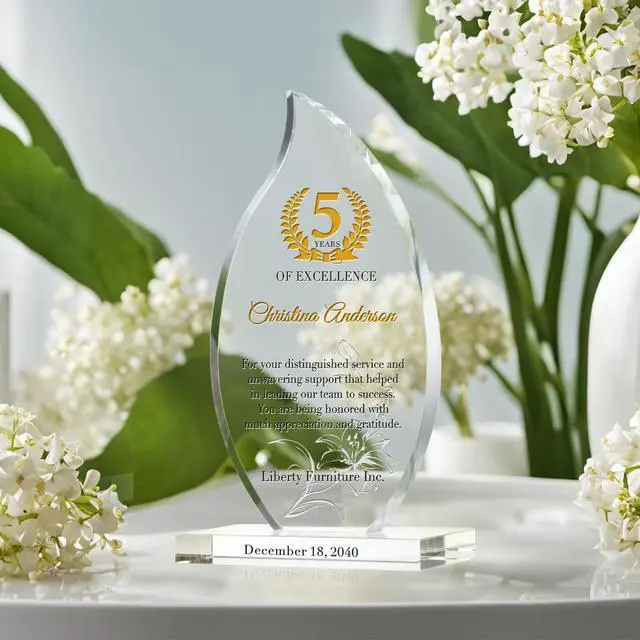 Alt view image 3 of 7 - Personalized Crystal Flame Shaped Employee Recognition Award Custom Engraved Corporate Service Trophy with Name & Date for 5, 10, 15, 20+ Year Milestones (L - 9")