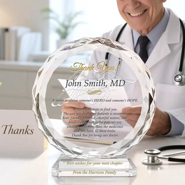 Alt view image 2 of 7 - Custom Crystal Doctor Appreciation Gift Plaque from Patient, Personalized with Doctor Name and personal message, Unique Thank You Gift or Retirement Gift for Physician, family doctor (L - 8")