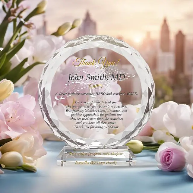 Alt view image 3 of 7 - Custom Crystal Doctor Appreciation Gift Plaque from Patient, Personalized with Doctor Name and personal message, Unique Thank You Gift or Retirement Gift for Physician, family doctor (L - 8")