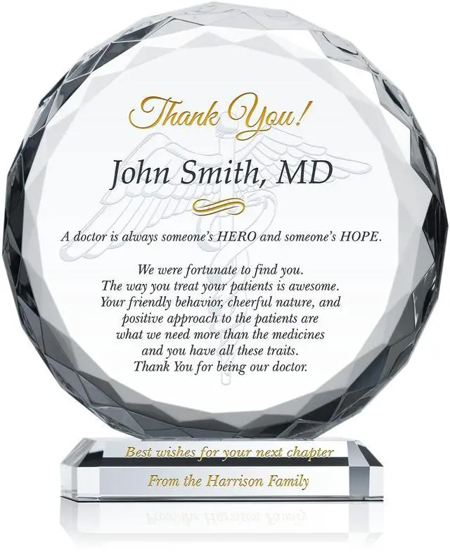Main image of Custom Crystal Doctor Appreciation Gift Plaque from Patient, Personalized with Doctor Name and personal message, Unique Thank You Gift or Retirement Gift for Physician, family doctor (L - 8")