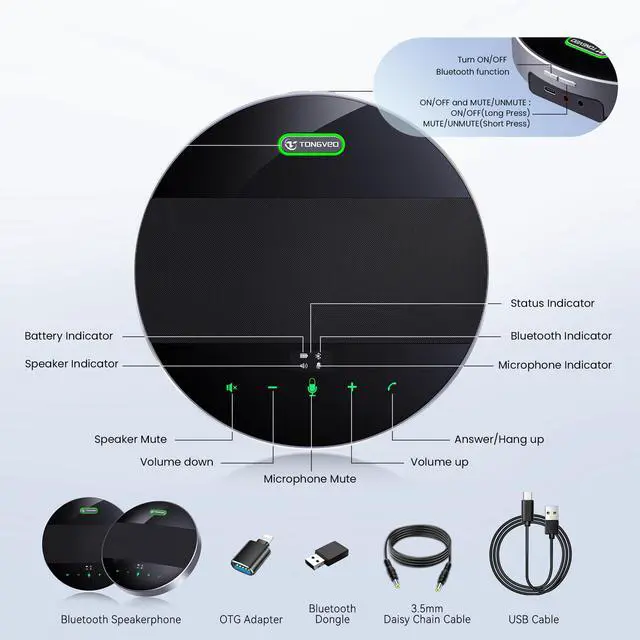 Alt view image 5 of 7 - 2-in-1 Conference Speaker and Microphone, Daisy Chain Wireless Bluetooth Speakerphone with 360° omnidirectional mics USB/Dongle/Bluetooth Connection 18H Talk Time for 15-30 People Meeting