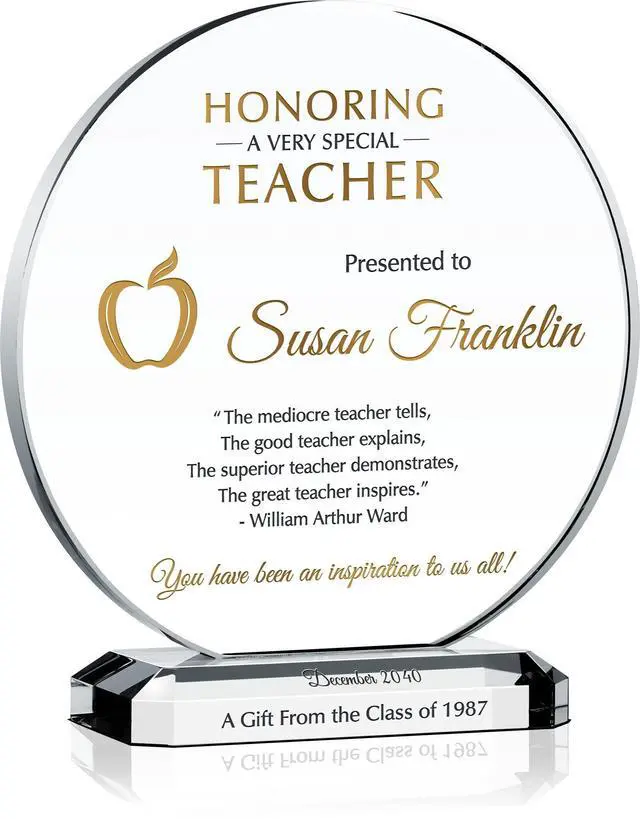 Main image of Personalized Crystal Teacher Appreciation Plaque Custom Engraved with Teacher & Gift Givers Name Unique End of Year, Christmas, or Retirement Gift for Teacher, Coach, or Professor (XL - 10")