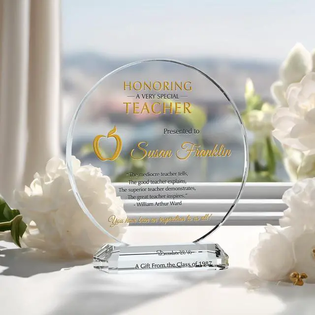Alt view image 3 of 7 - Personalized Crystal Teacher Appreciation Plaque Custom Engraved with Teacher & Gift Givers Name Unique End of Year, Christmas, or Retirement Gift for Teacher, Coach, or Professor (XL - 10")
