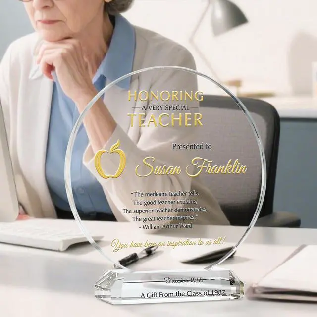 Alt view image 2 of 7 - Personalized Crystal Teacher Appreciation Plaque Custom Engraved with Teacher & Gift Givers Name Unique End of Year, Christmas, or Retirement Gift for Teacher, Coach, or Professor (XL - 10")