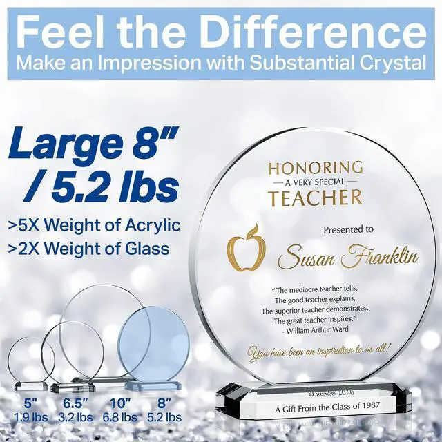 Alt view image 5 of 7 - Personalized Crystal Teacher Appreciation Plaque Custom Engraved with Teacher & Gift Givers Name Unique End of Year, Christmas, or Retirement Gift for Teacher, Coach, or Professor (XL - 10")