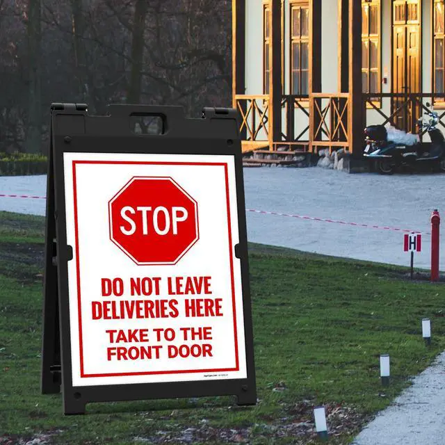Alt view image 2 of 7 - Stop Do Not Leave Deliveries Here Take to The Front Door Sidewalk Sign Kit, | 18x24 Inches, With A Frame Stand, Made in USA by