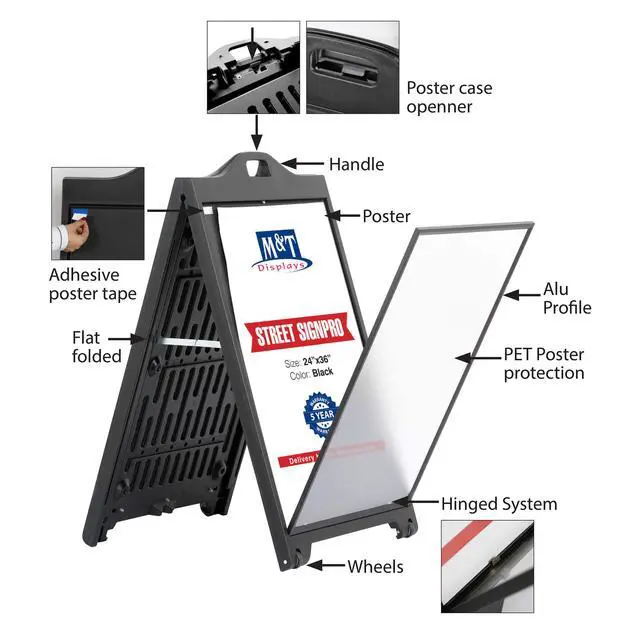 Alt view image 2 of 7 - Street SignPro with Lens Protective Cover, 24x36 Inch Poster Black Double Sided Sandwich Board Folding A-Frame Sidewalk Curb Sign Portable Advertising Display for Restaurant Cafe