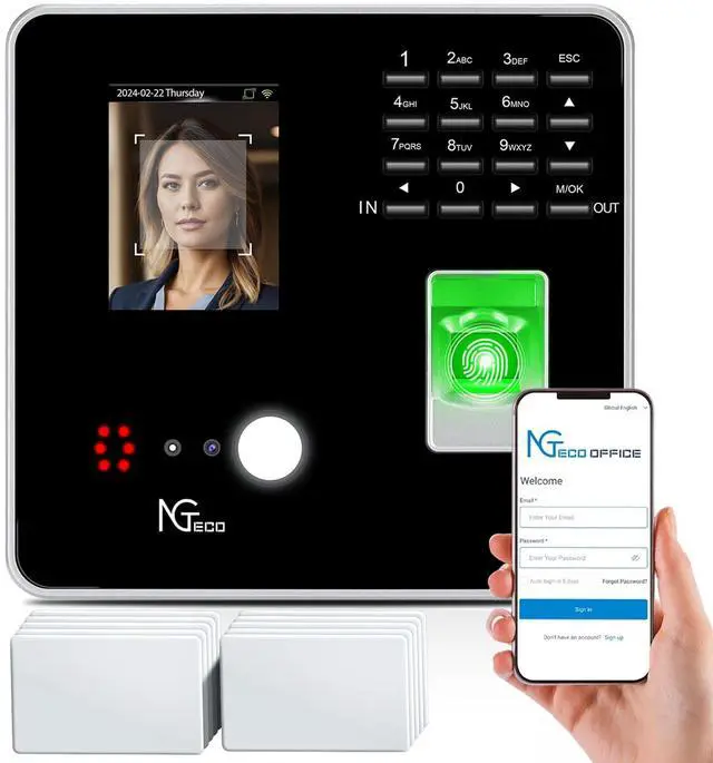 Main image of Cloud-Based Time Clock for Small Business, 2.4GHz WiFi Attendance Machine with Remote Access, Free Software & iOS/Android App, Employee Punch Card System with RFID Cards, No Monthly Fee