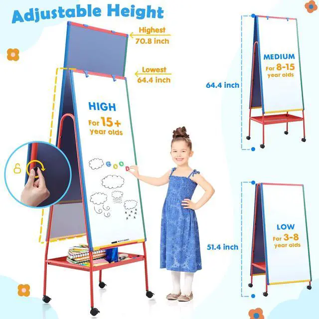 Alt view image 3 of 7 - Mobile Whiteboard on Wheels 48x24 in Rolling Classroom Easel for Teaching | Double Sided, with Storage, Large Mobile Whiteboard with Stand for Teacher, Height Adjustable to 70 inches, for Home School