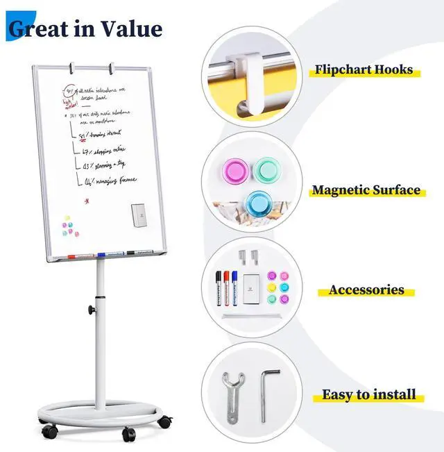 Alt view image 3 of 7 - Mobile Whiteboard 36 x 24 inches Portable Magnetic Dry Erase Board, 3' x 2' Stand Easel White Board Dry Erase Easel Standing Board with Flipchart Hooks