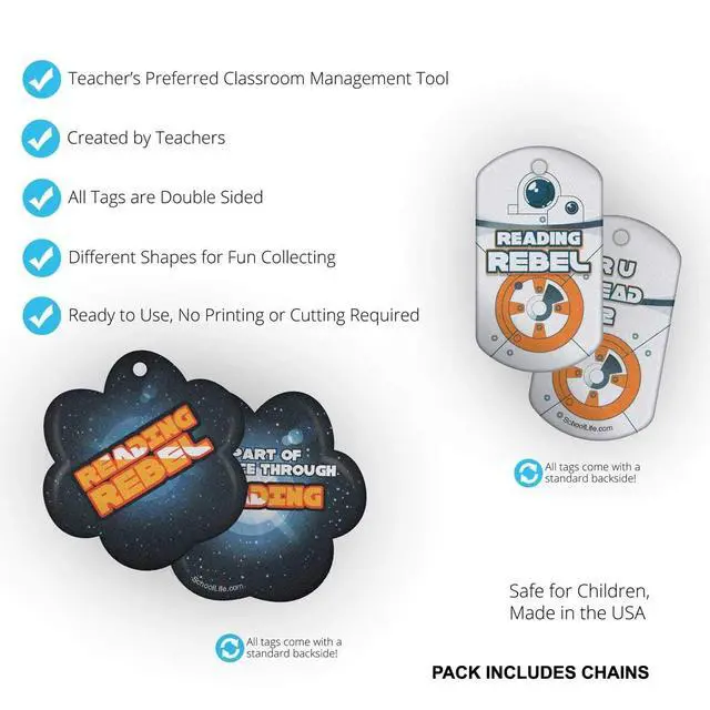Alt view image 3 of 7 - Reading Rebel Brag Tag Value Pack: Wearable Incentives for Young Readers 500 Tags (50 Tags for Each Design) + 150 Chains